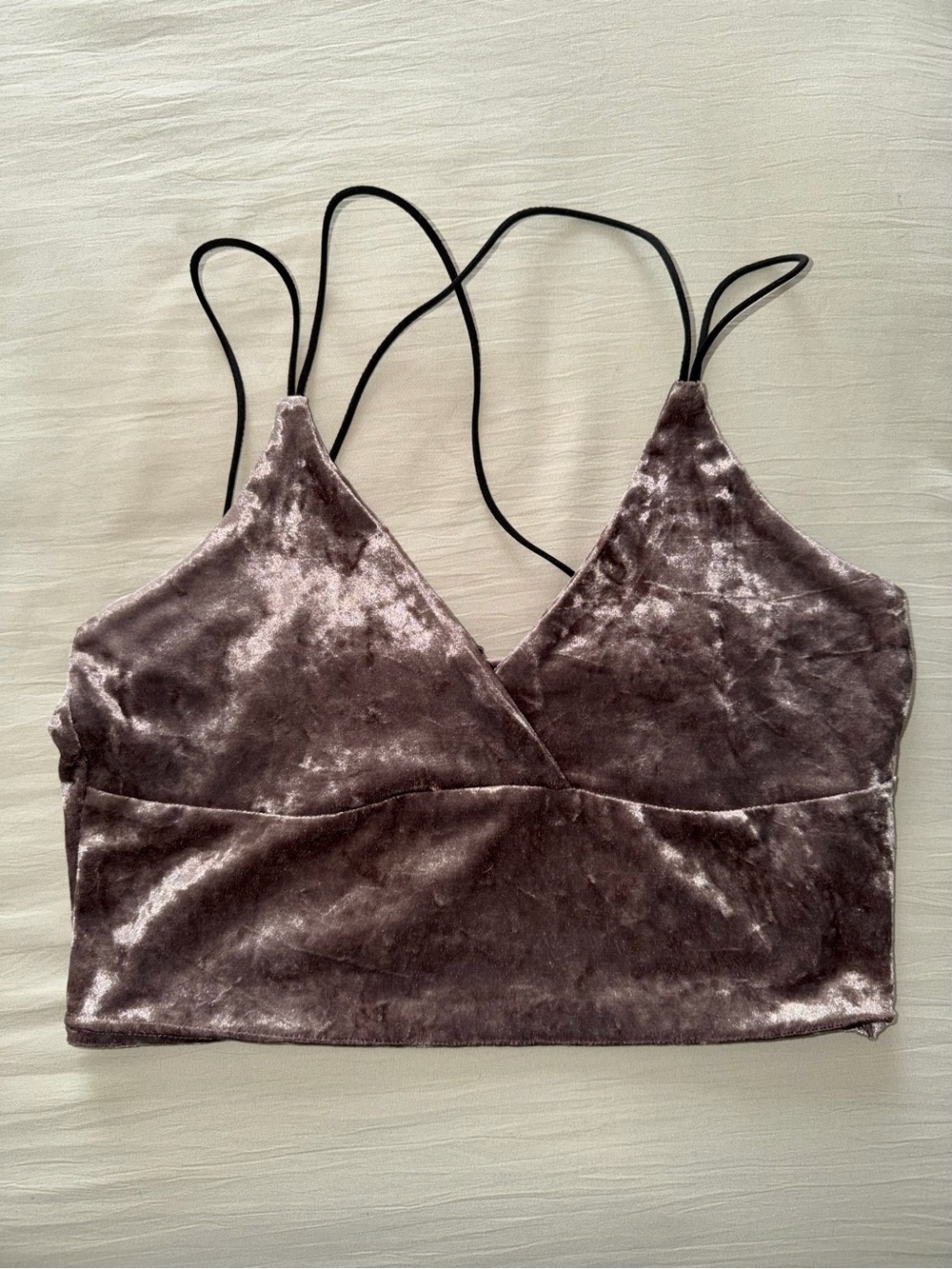 Zaful Mauve Velvet Crushed V-Neck Crop Top with Black Straps